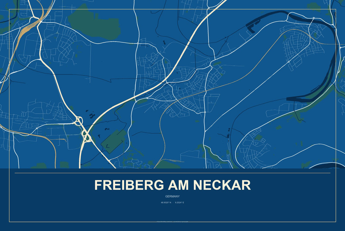 Freiberg am Neckar, Germany City Map Aluminum Sign in Harbor Cobalt style