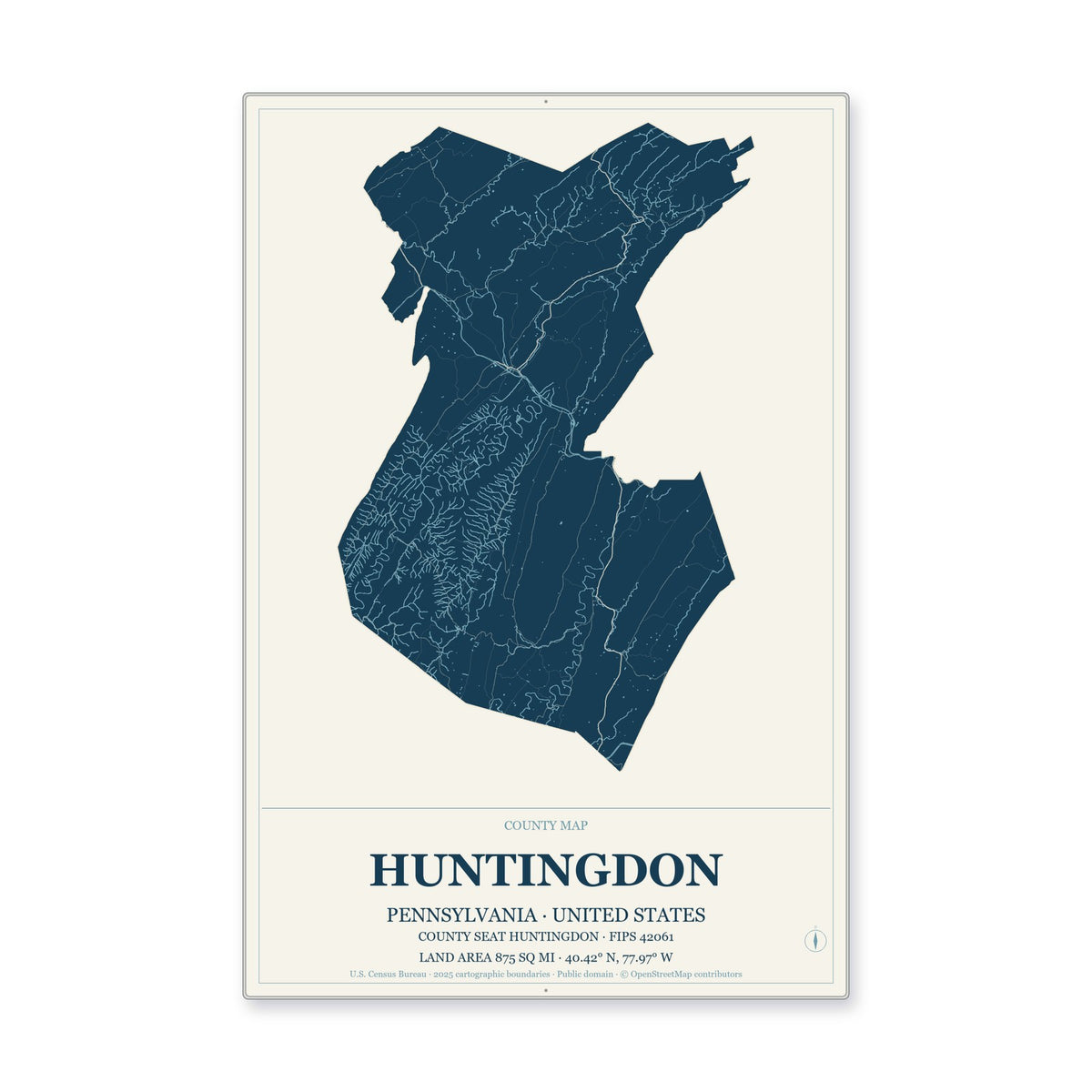 Huntingdon County, Pennsylvania Map Aluminum Sign in Coastal Cutout style