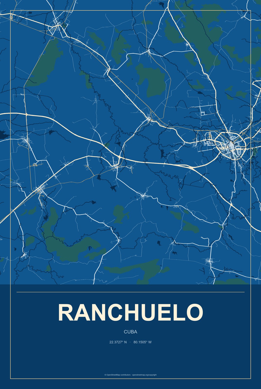 Ranchuelo, Cuba City Map Aluminum Sign in Harbor Cobalt style