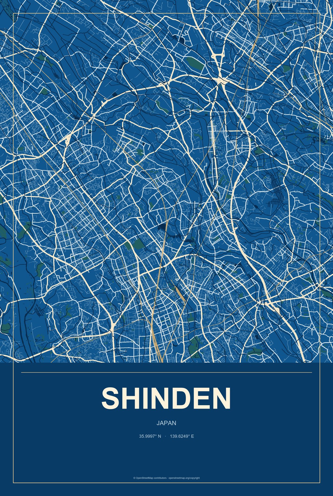 Shinden, Japan City Map Aluminum Sign in Harbor Cobalt style
