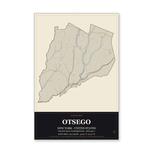 Otsego County, New York Map Aluminum Sign in Museum Plaque style
