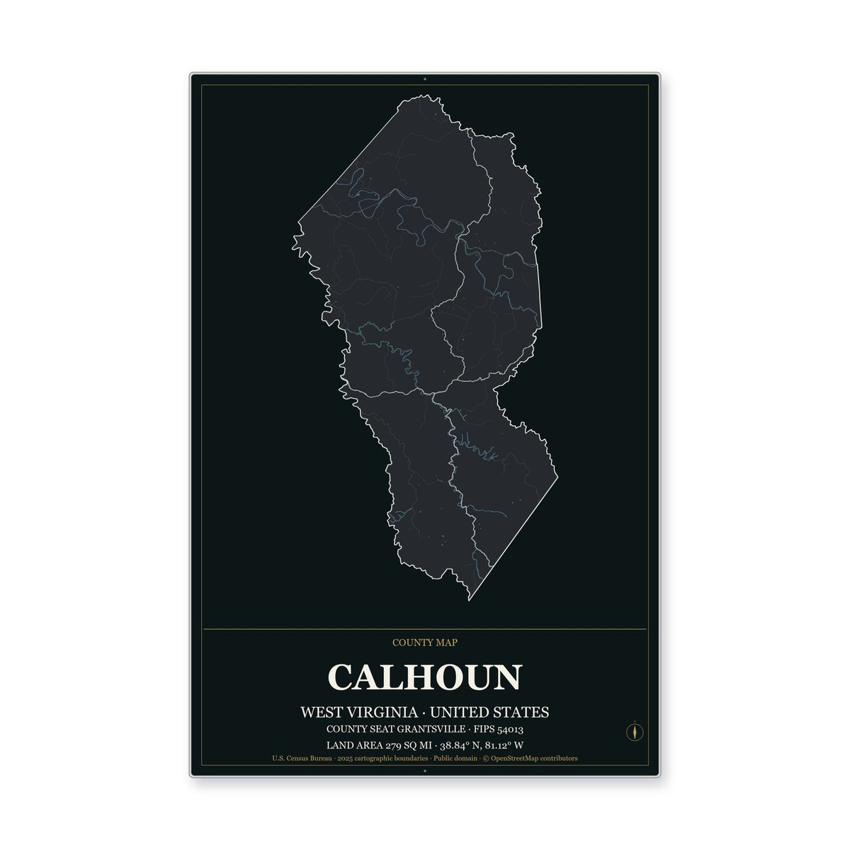Calhoun County, West Virginia Map Aluminum Sign in Metropolitan Noir style