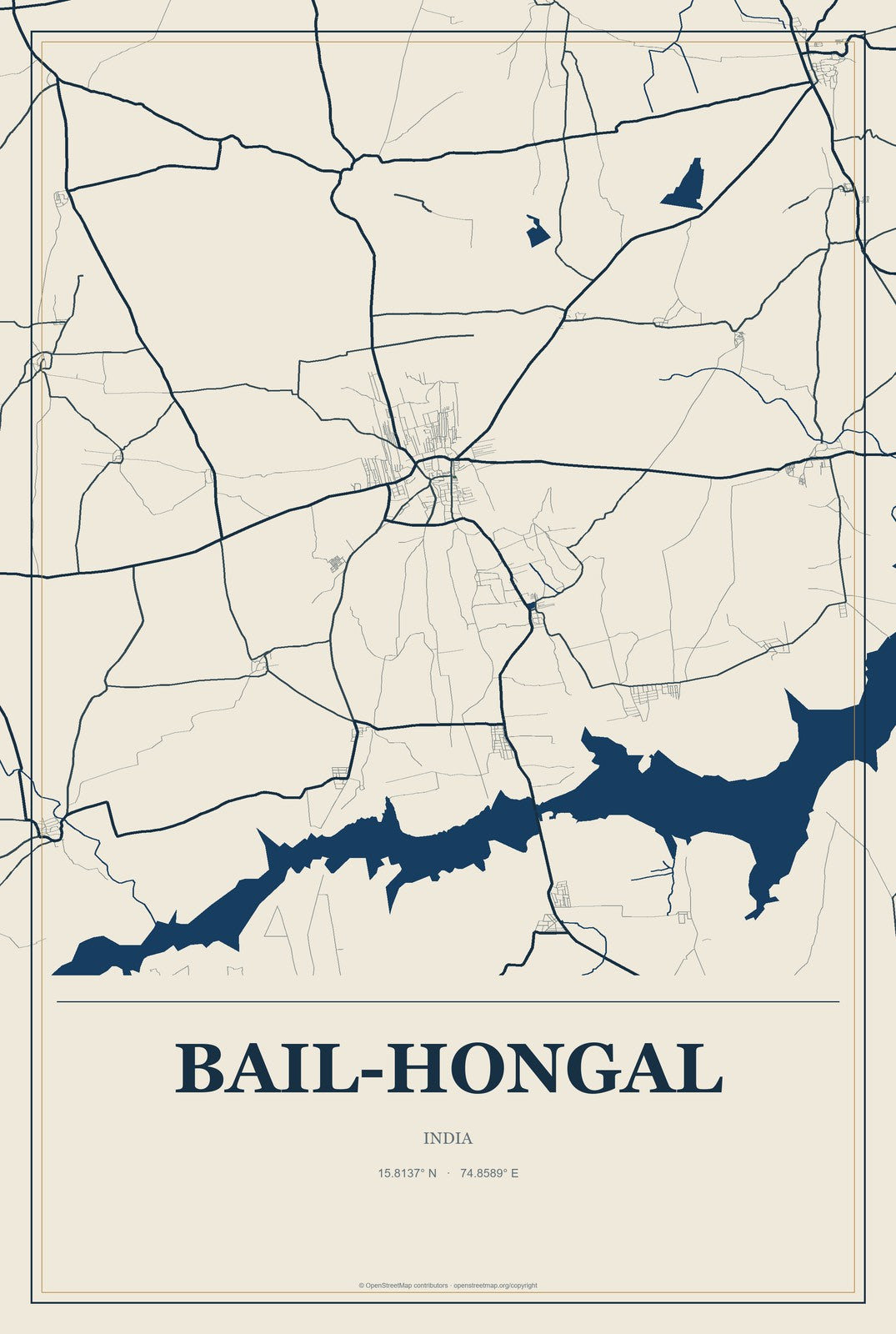 Bail-Hongal, India City Map Aluminum Sign in Coastal Cutout style