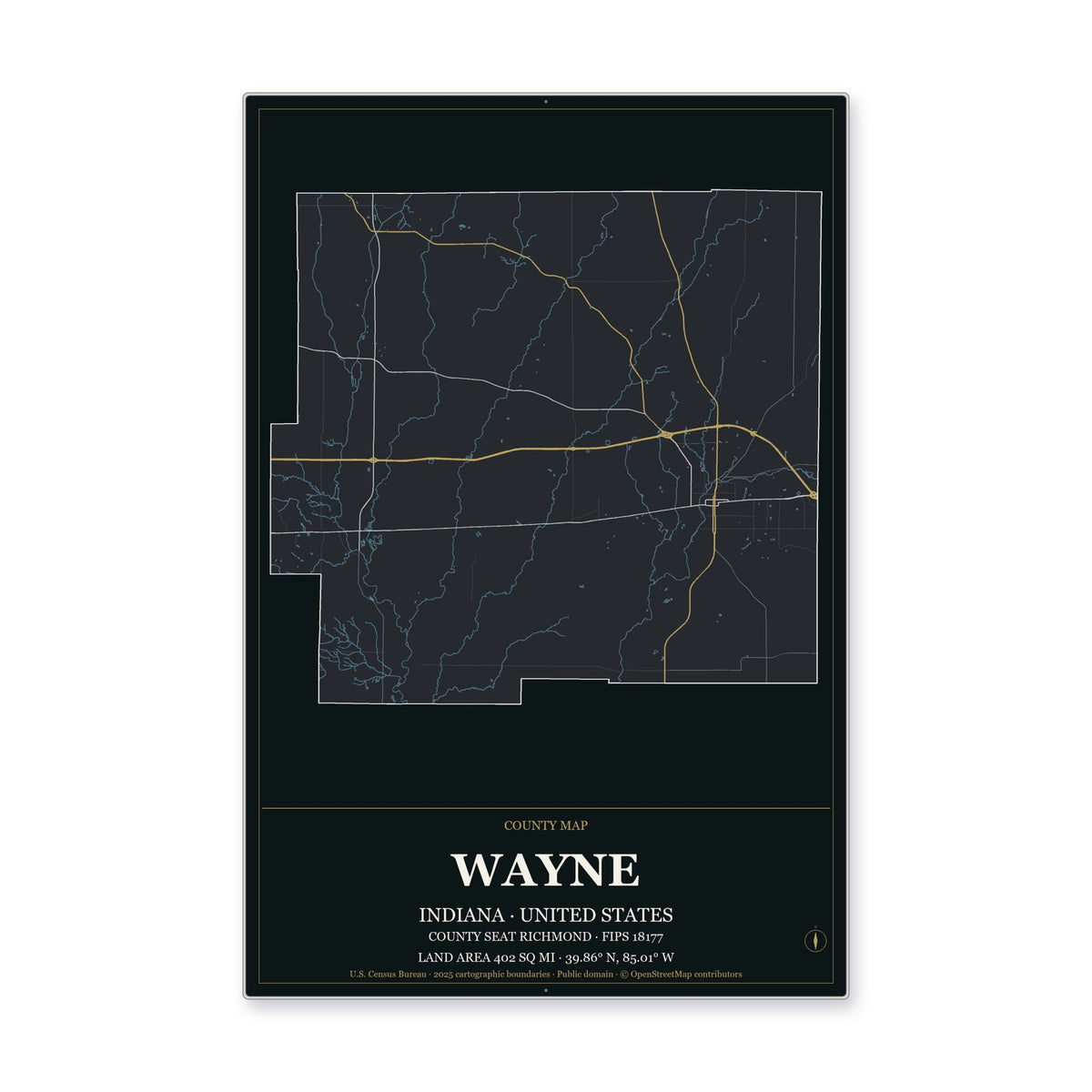Wayne County, Indiana Map Aluminum Sign in Metropolitan Noir style