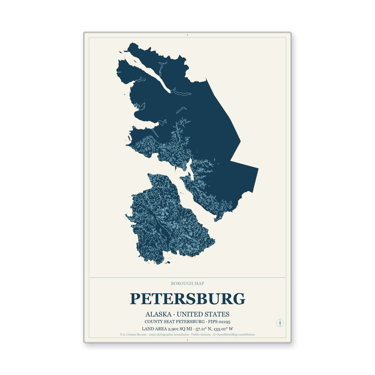 Petersburg Borough, Alaska Map Aluminum Sign in Coastal Cutout style