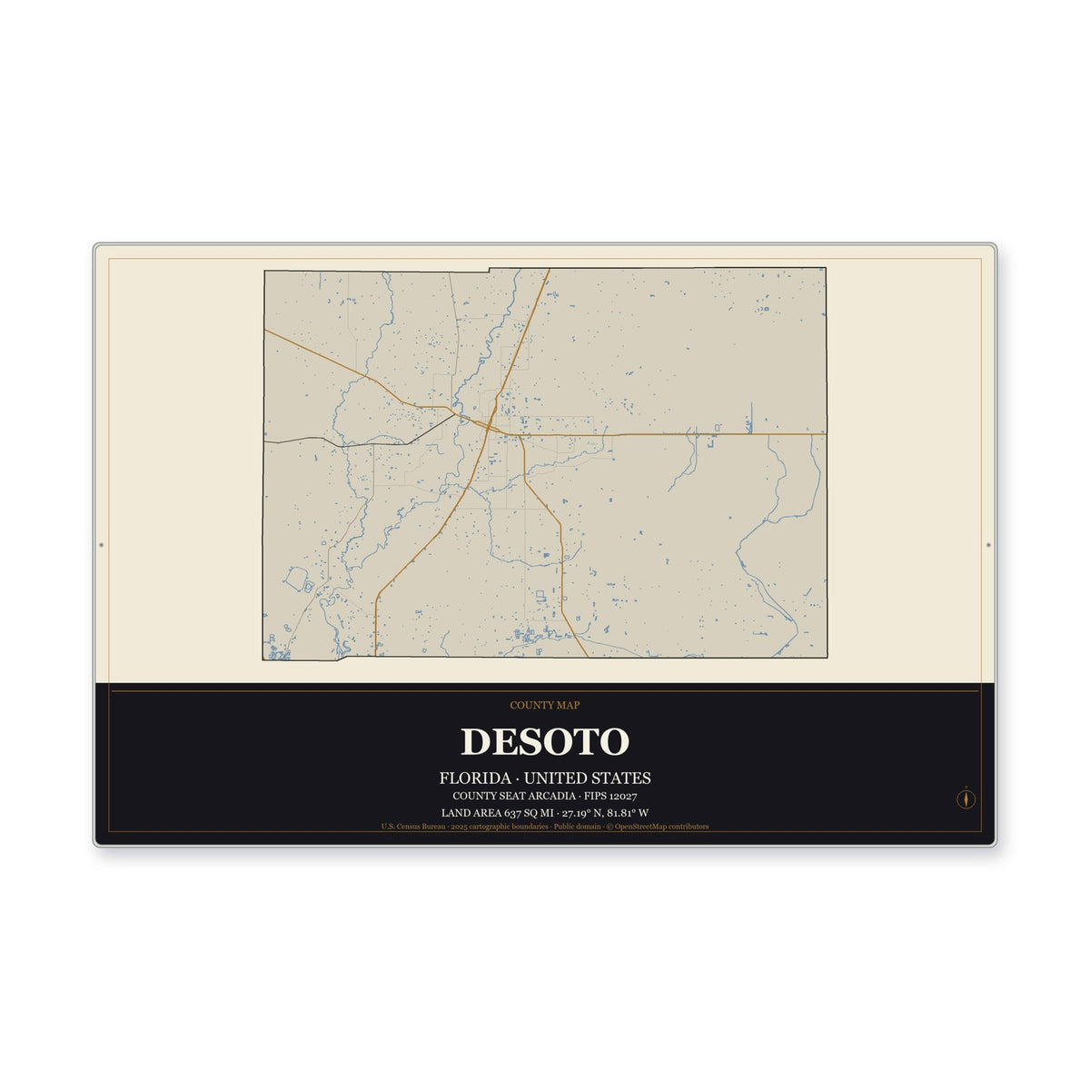 DeSoto County, Florida Map Aluminum Sign in Museum Plaque style