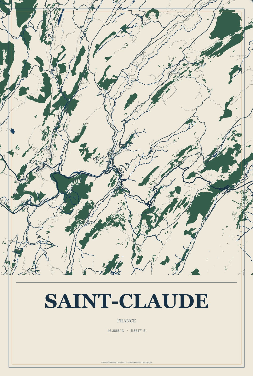 Saint-Claude, France City Map Aluminum Sign in Coastal Cutout style
