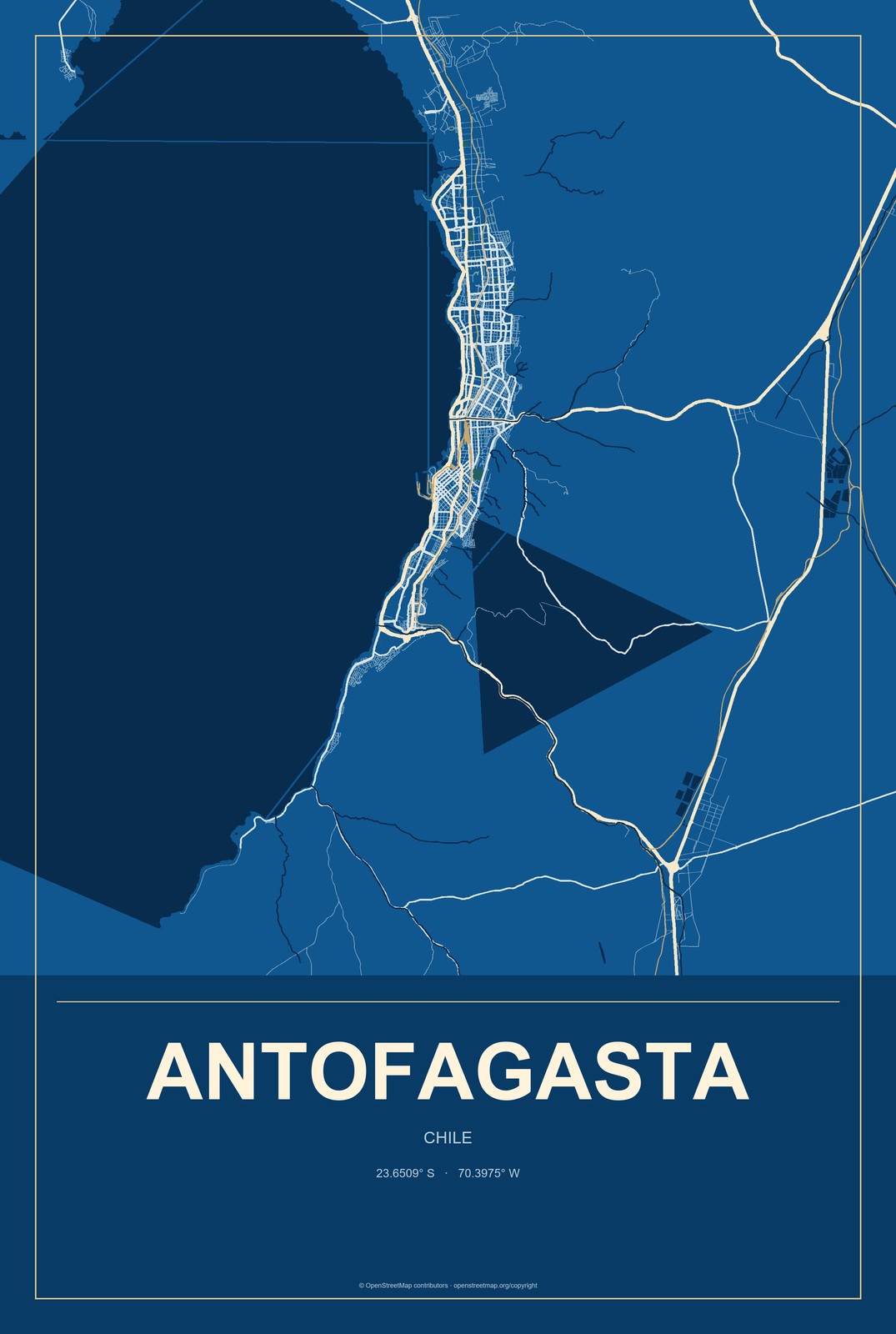 Antofagasta, Chile City Map Aluminum Sign in Harbor Cobalt style