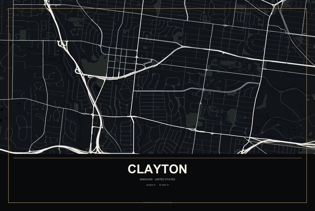 Clayton, Missouri City Map Aluminum Sign in Metropolitan Noir style