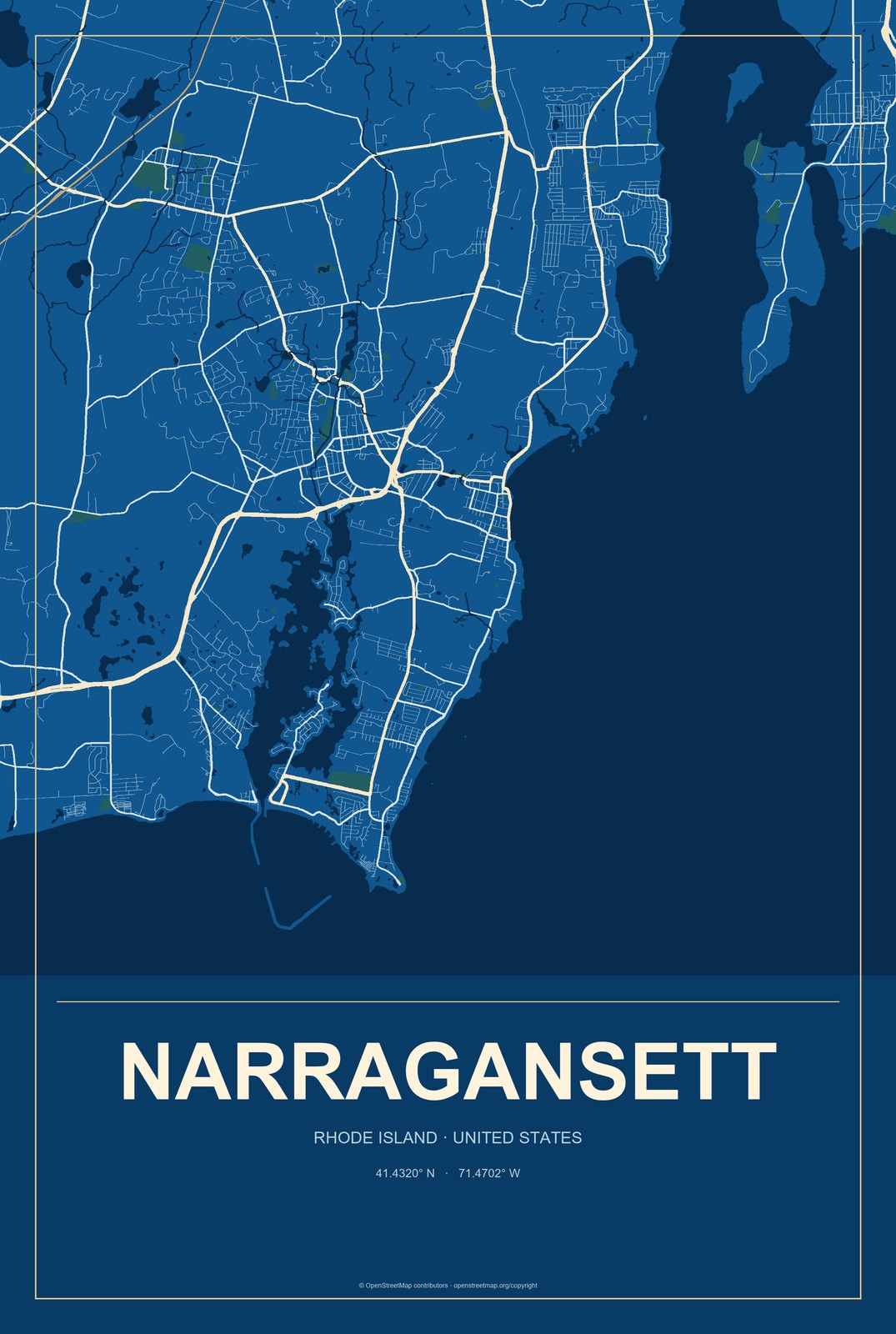 Narragansett, Rhode Island City Map Aluminum Sign in Harbor Cobalt style