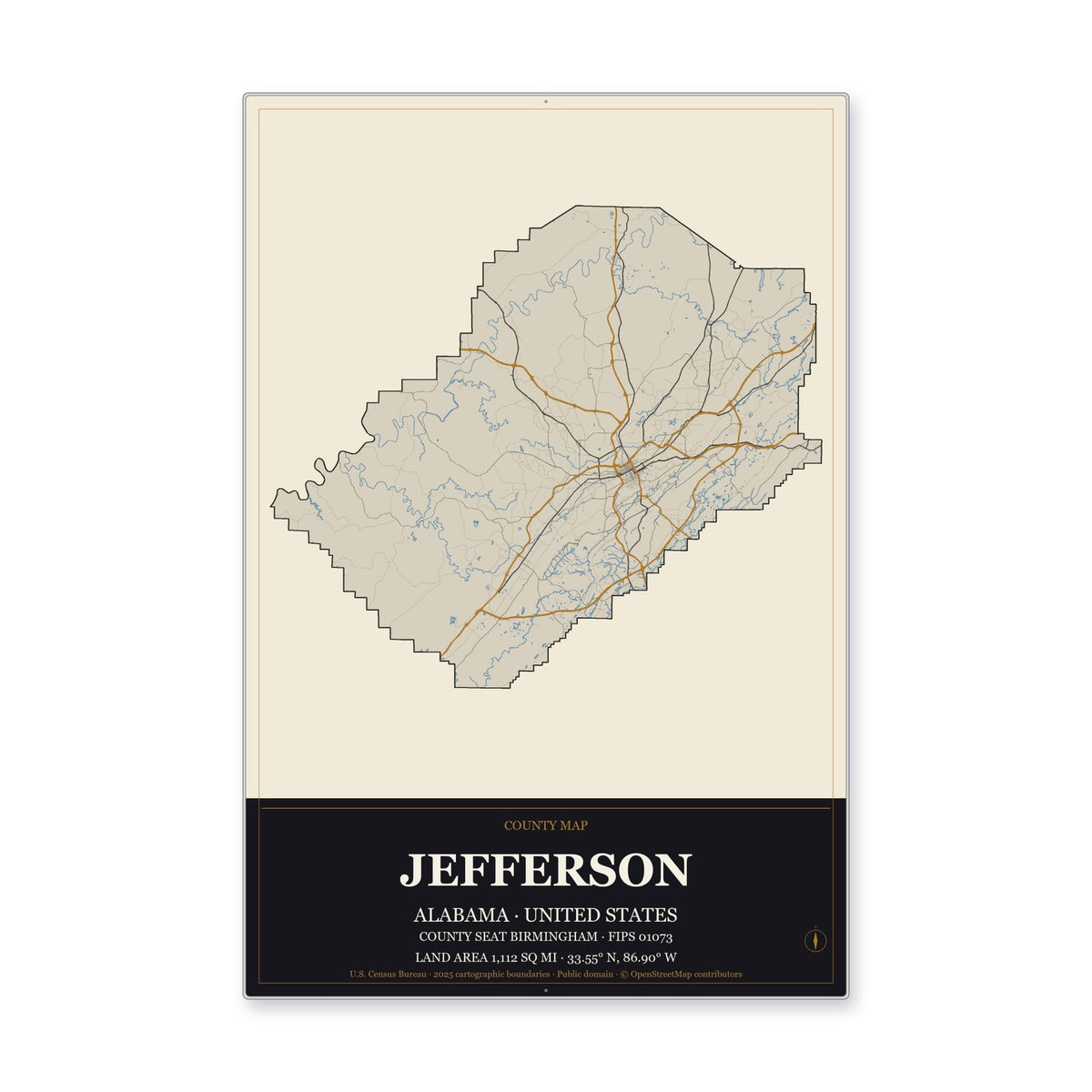 Jefferson County, Alabama Map Aluminum Sign in Museum Plaque style