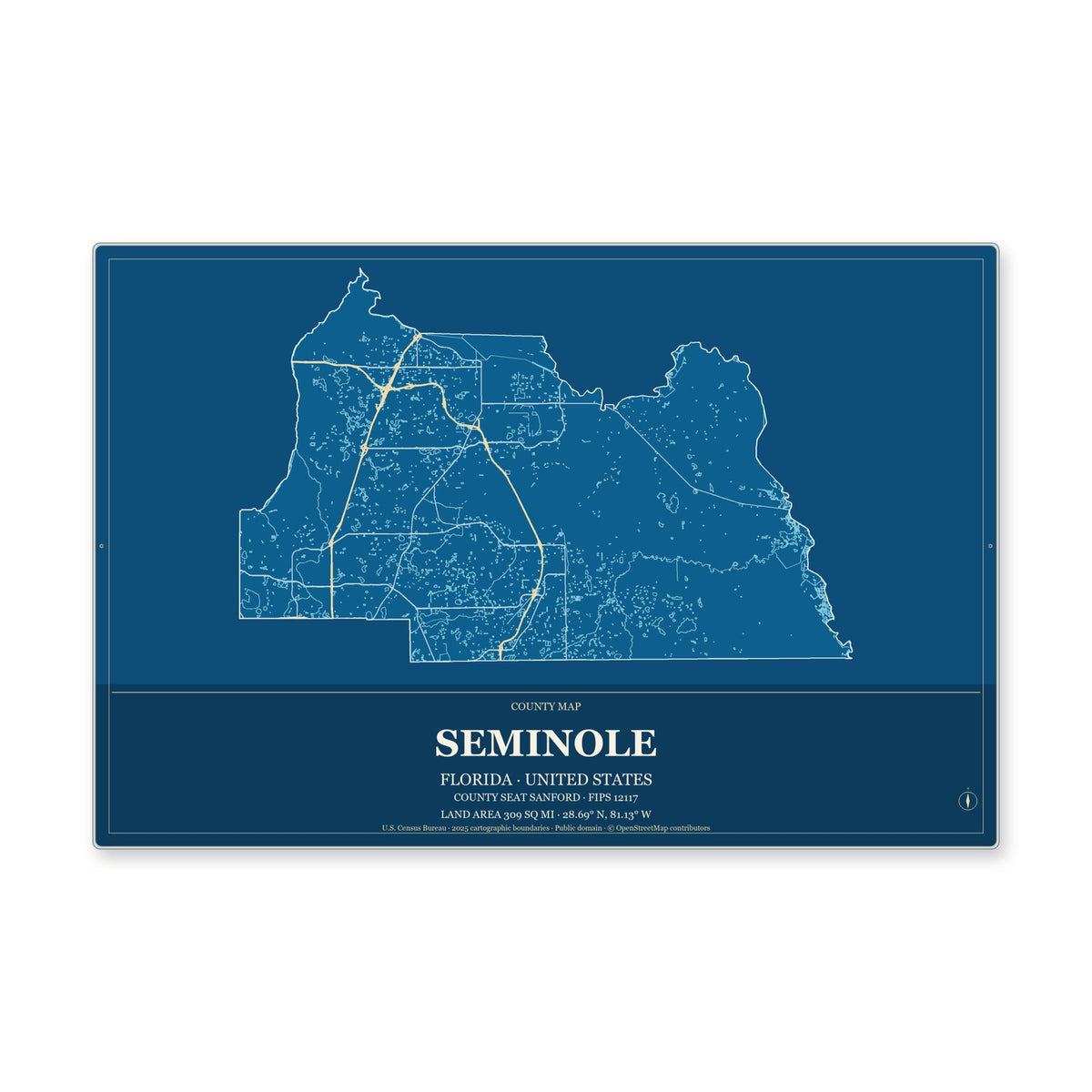Seminole County, Florida Map Aluminum Sign in Harbor Cobalt style