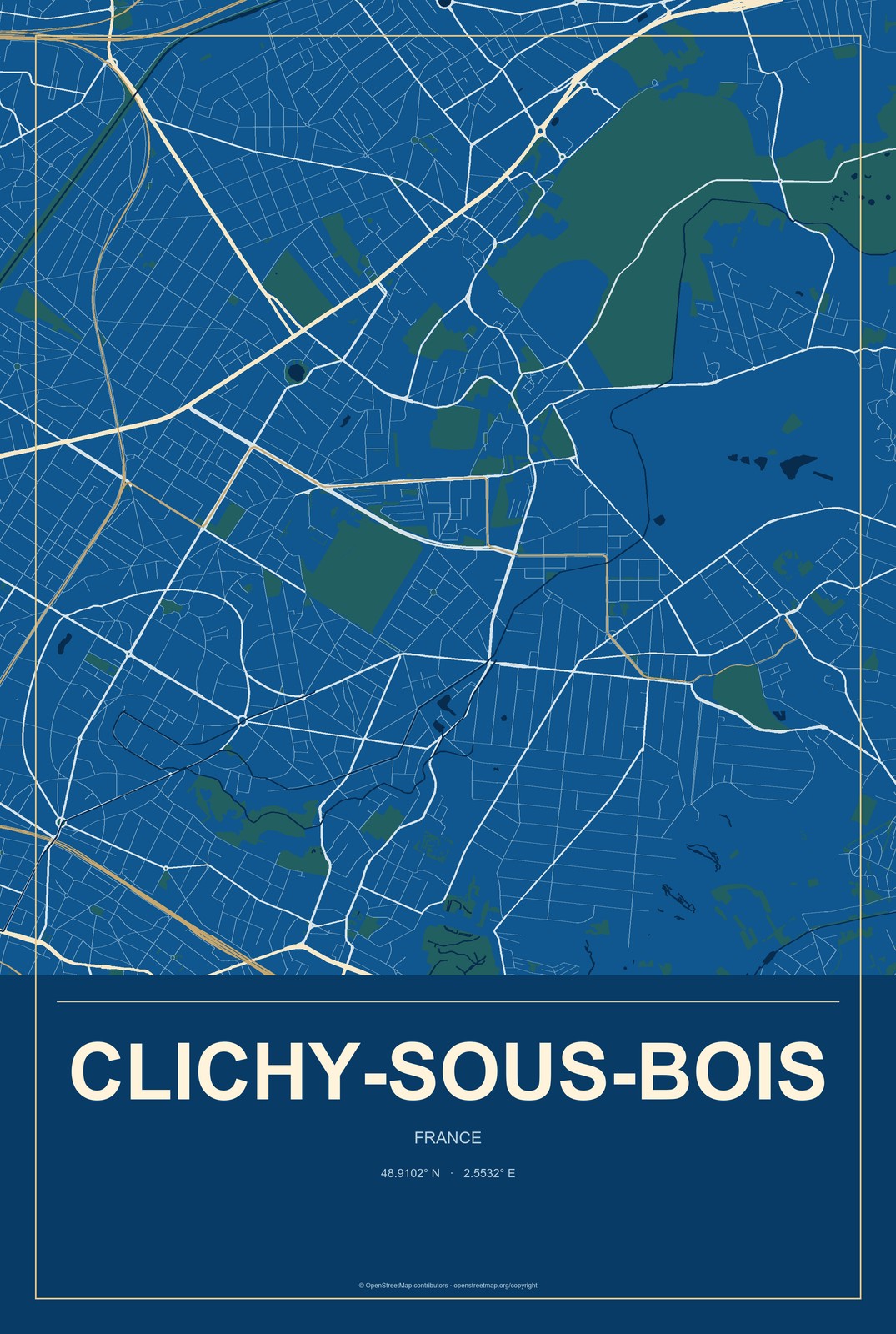 Clichy-sous-Bois, France City Map Aluminum Sign in Harbor Cobalt style