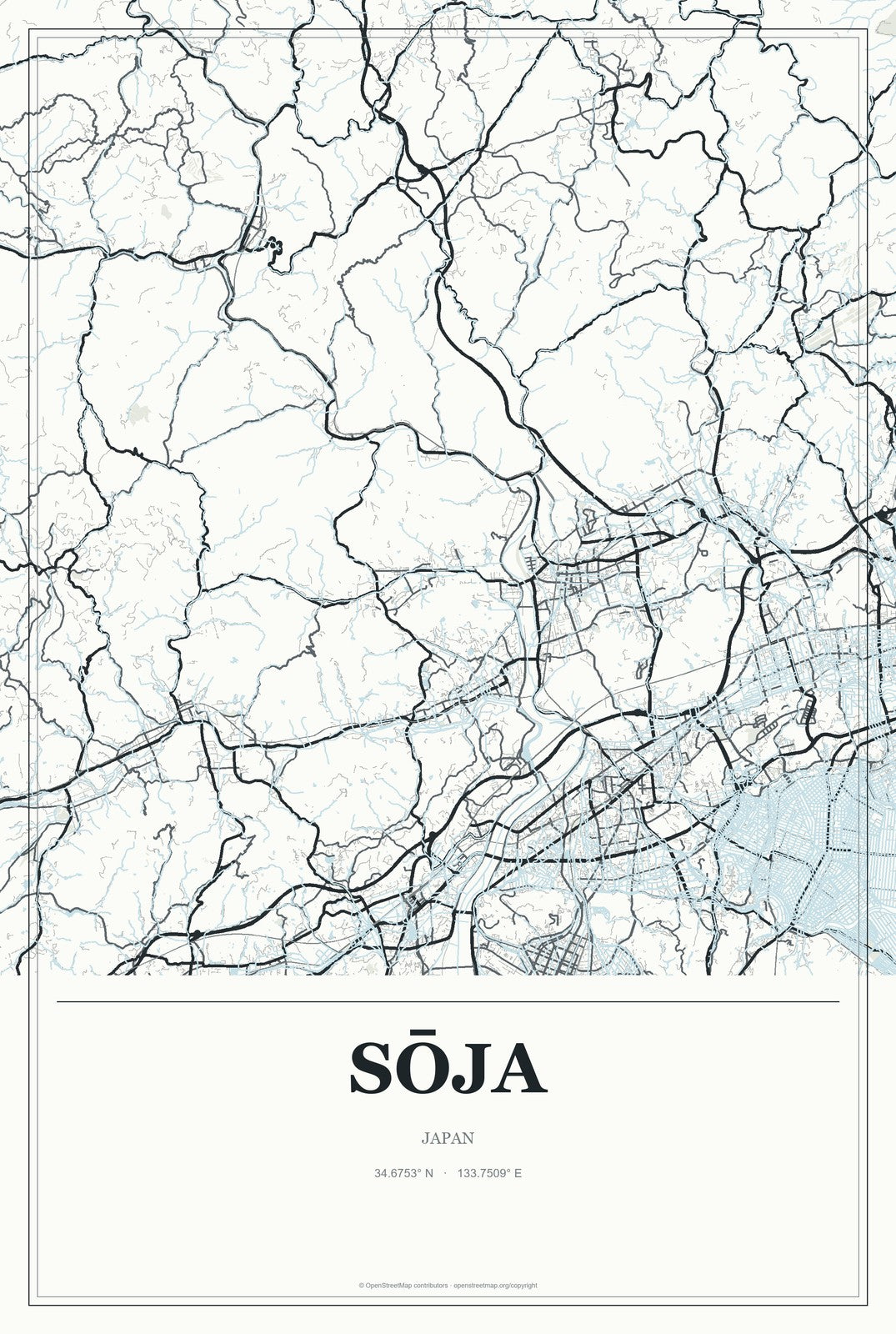 Sōja, Japan City Map Aluminum Sign in Gallery Air style