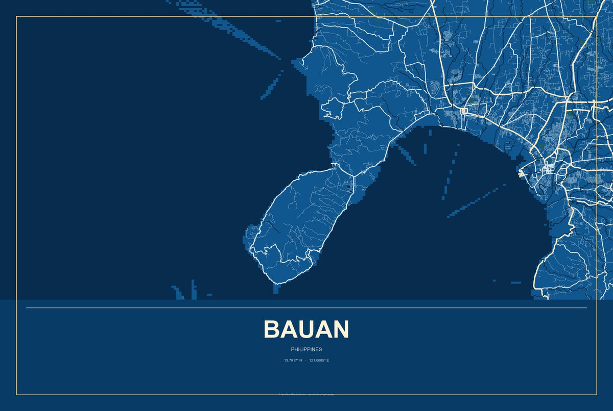 Bauan, Philippines City Map Aluminum Sign in Harbor Cobalt style