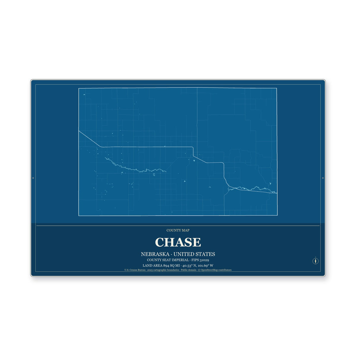 Chase County, Nebraska Map Aluminum Sign in Harbor Cobalt style