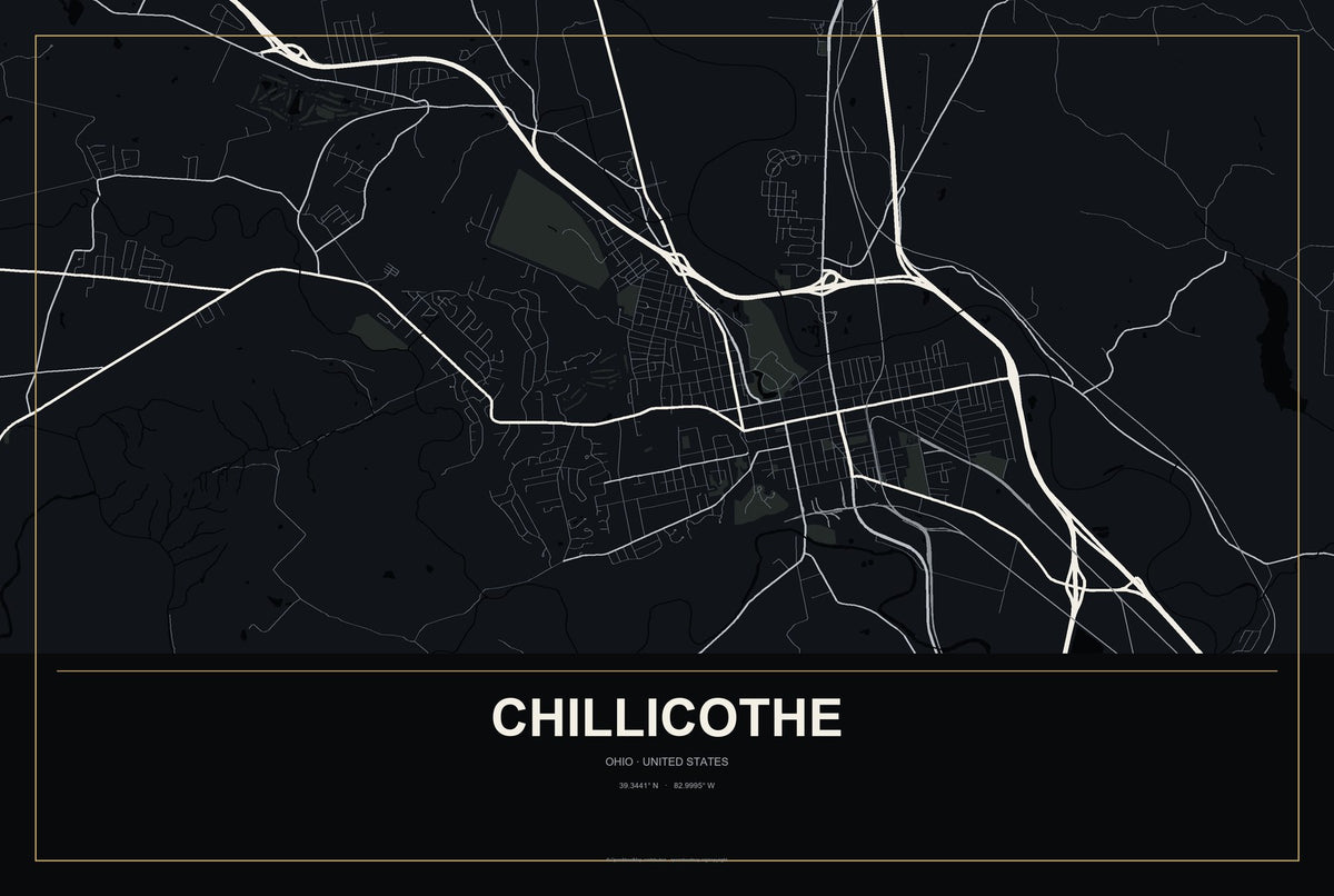 Chillicothe, Ohio City Map Aluminum Sign in Metropolitan Noir style