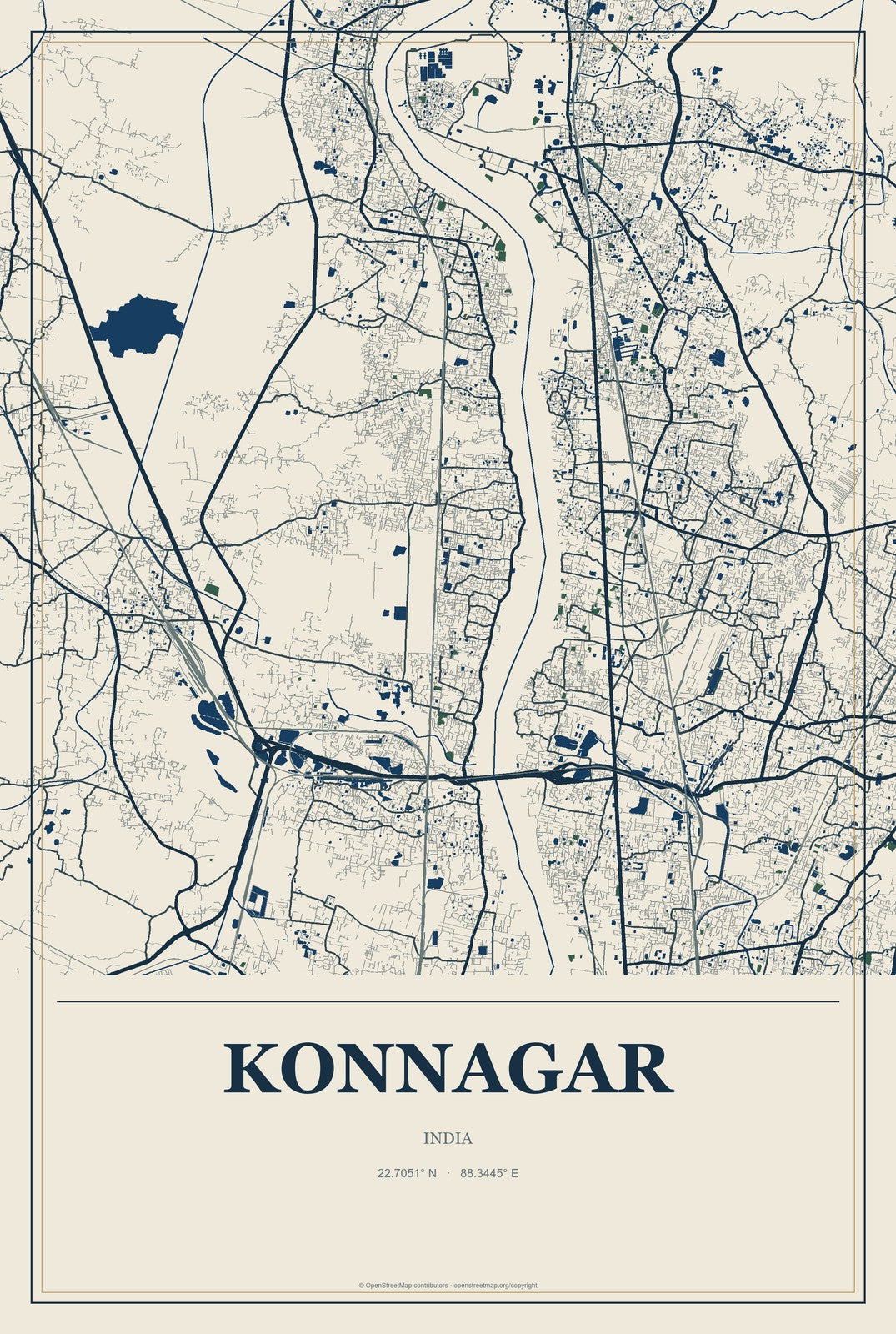 Konnagar, India City Map Aluminum Sign in Coastal Cutout style