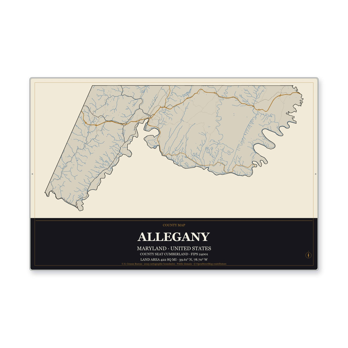 Allegany County, Maryland Map Aluminum Sign in Museum Plaque style