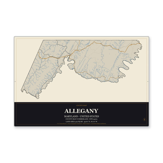 Allegany County, Maryland Map Aluminum Sign in Museum Plaque style