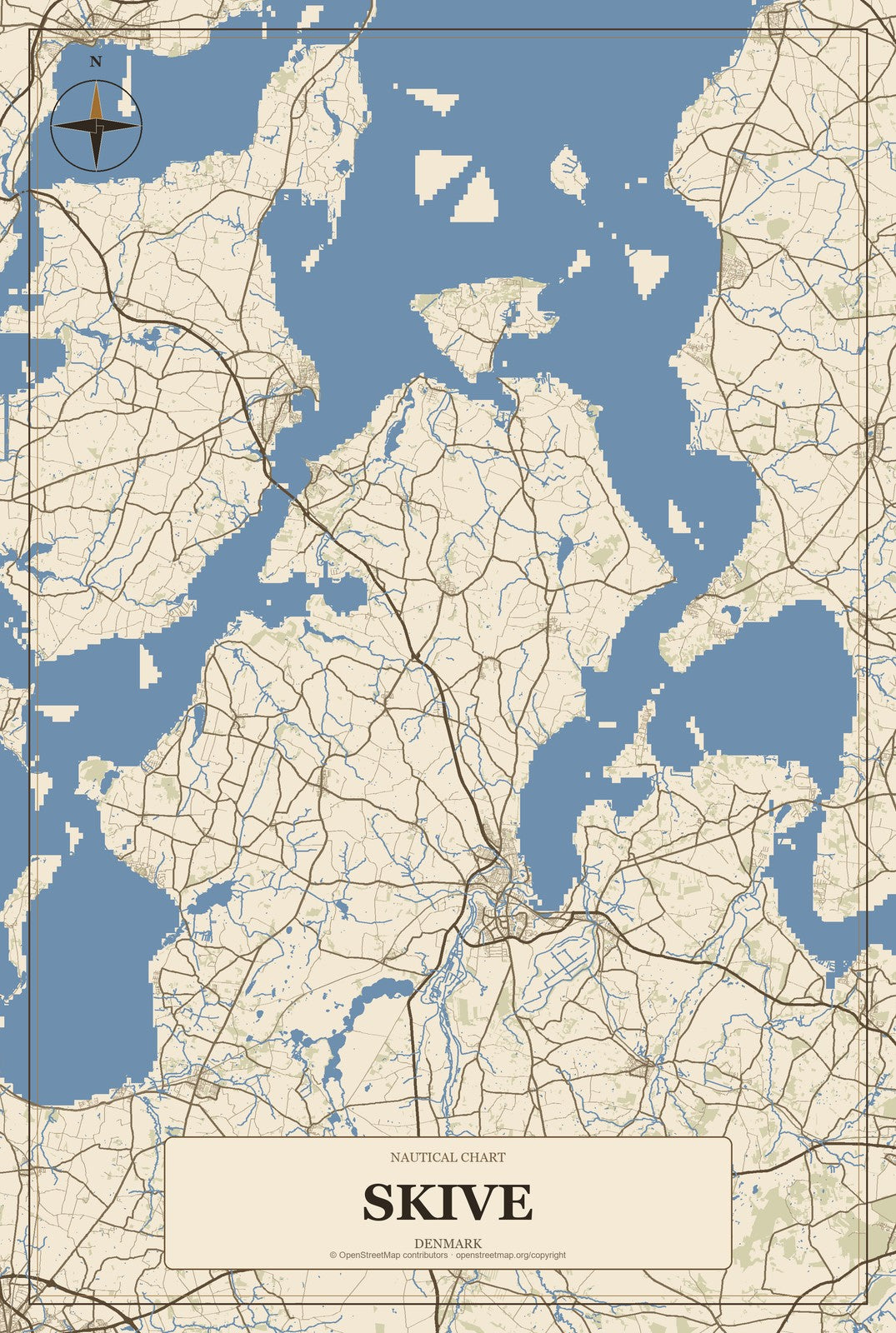 Skive, Denmark City Map Aluminum Sign in Heritage Nautical style