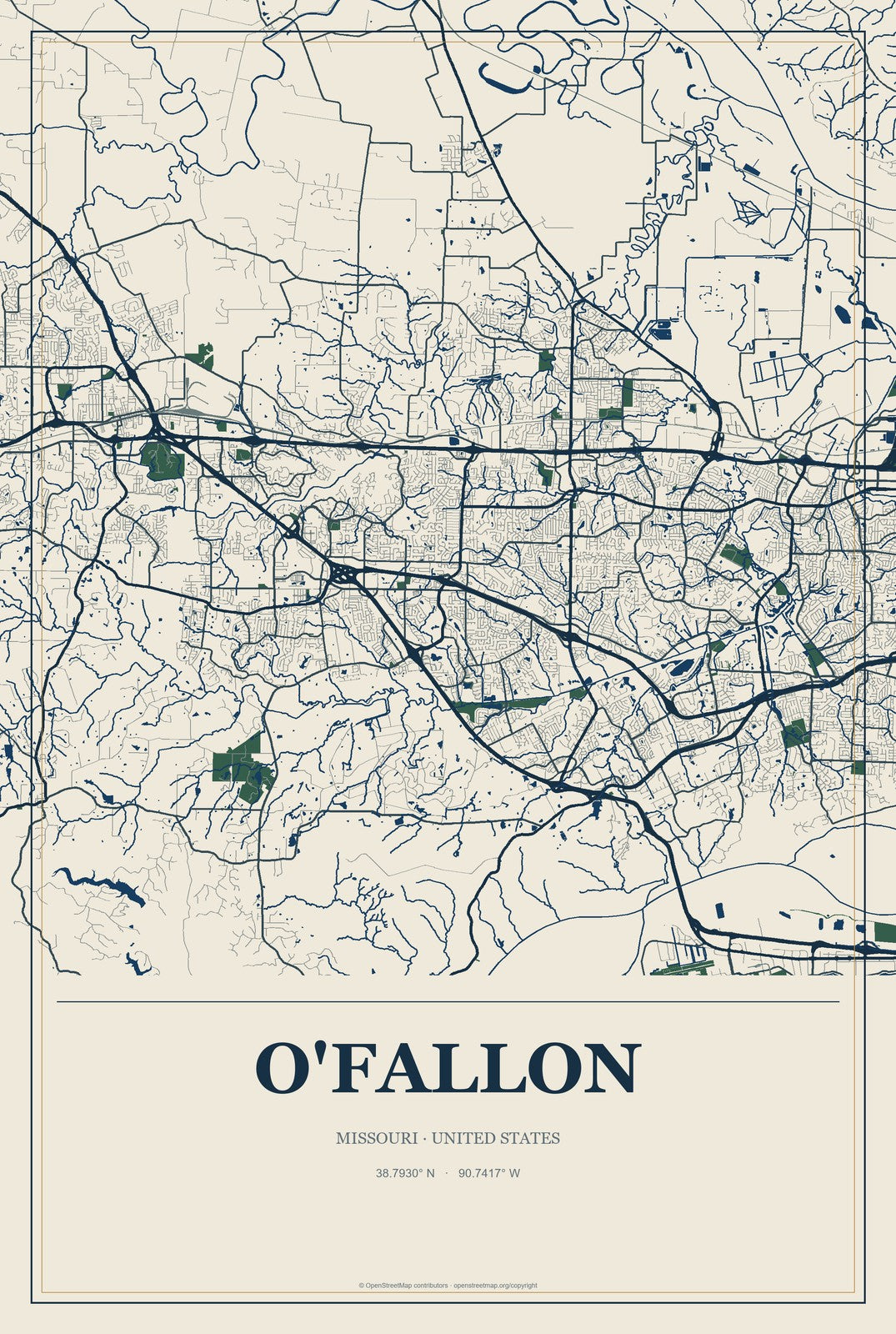 O'Fallon, Missouri City Map Aluminum Sign in Coastal Cutout style