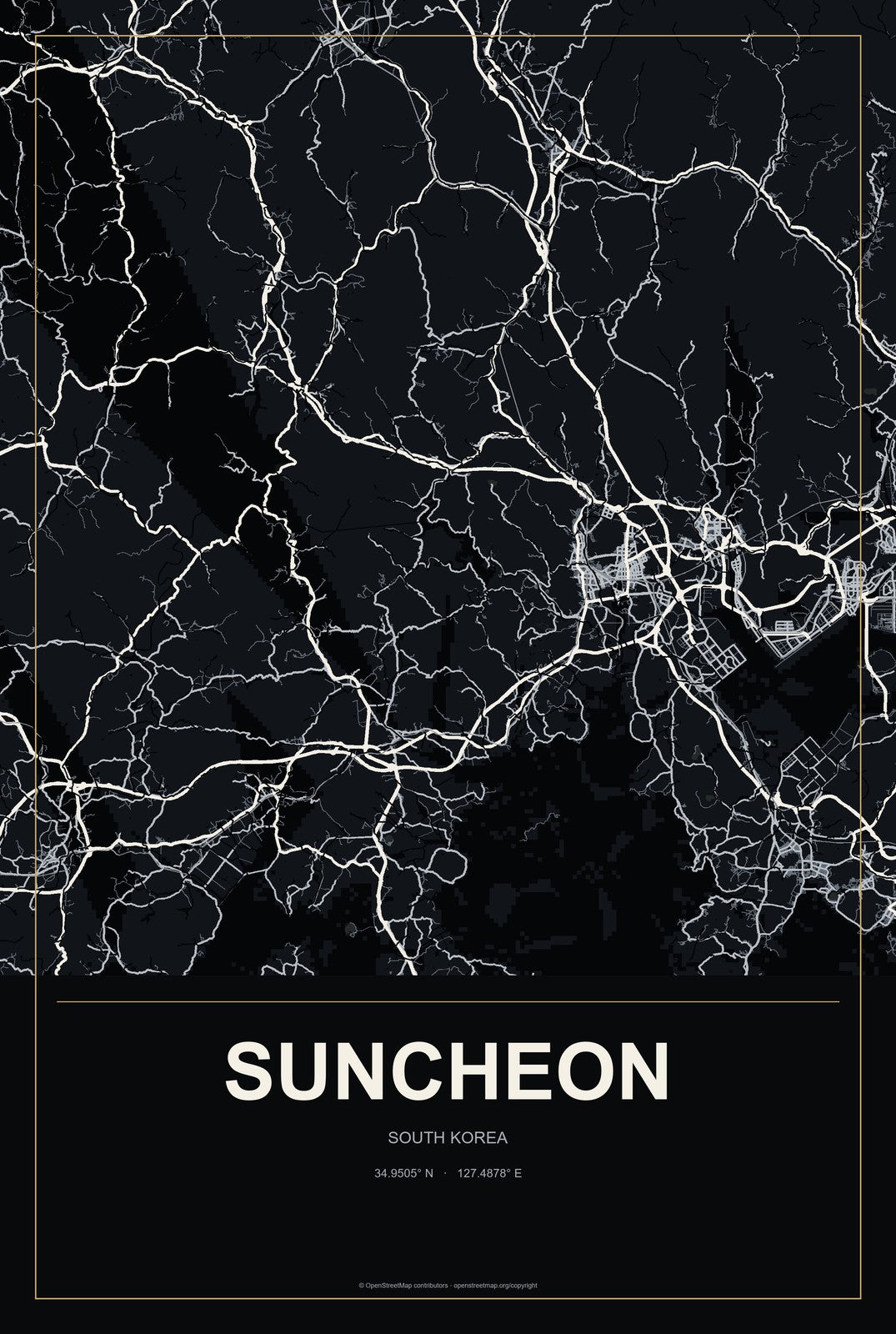 Suncheon, South Korea City Map Aluminum Sign in Metropolitan Noir style