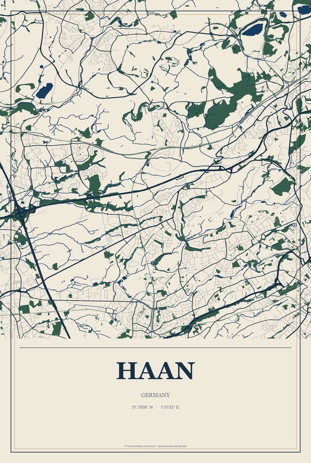 Haan, Germany City Map Aluminum Sign in Coastal Cutout style