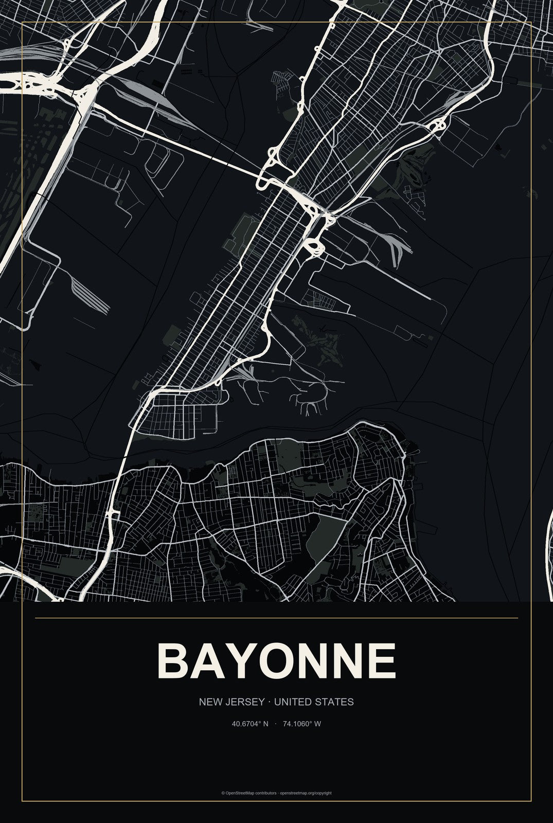 Bayonne, New Jersey City Map Aluminum Sign in Metropolitan Noir style