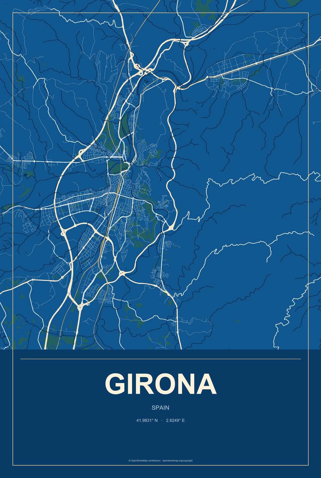 Girona, Spain City Map Aluminum Sign in Harbor Cobalt style