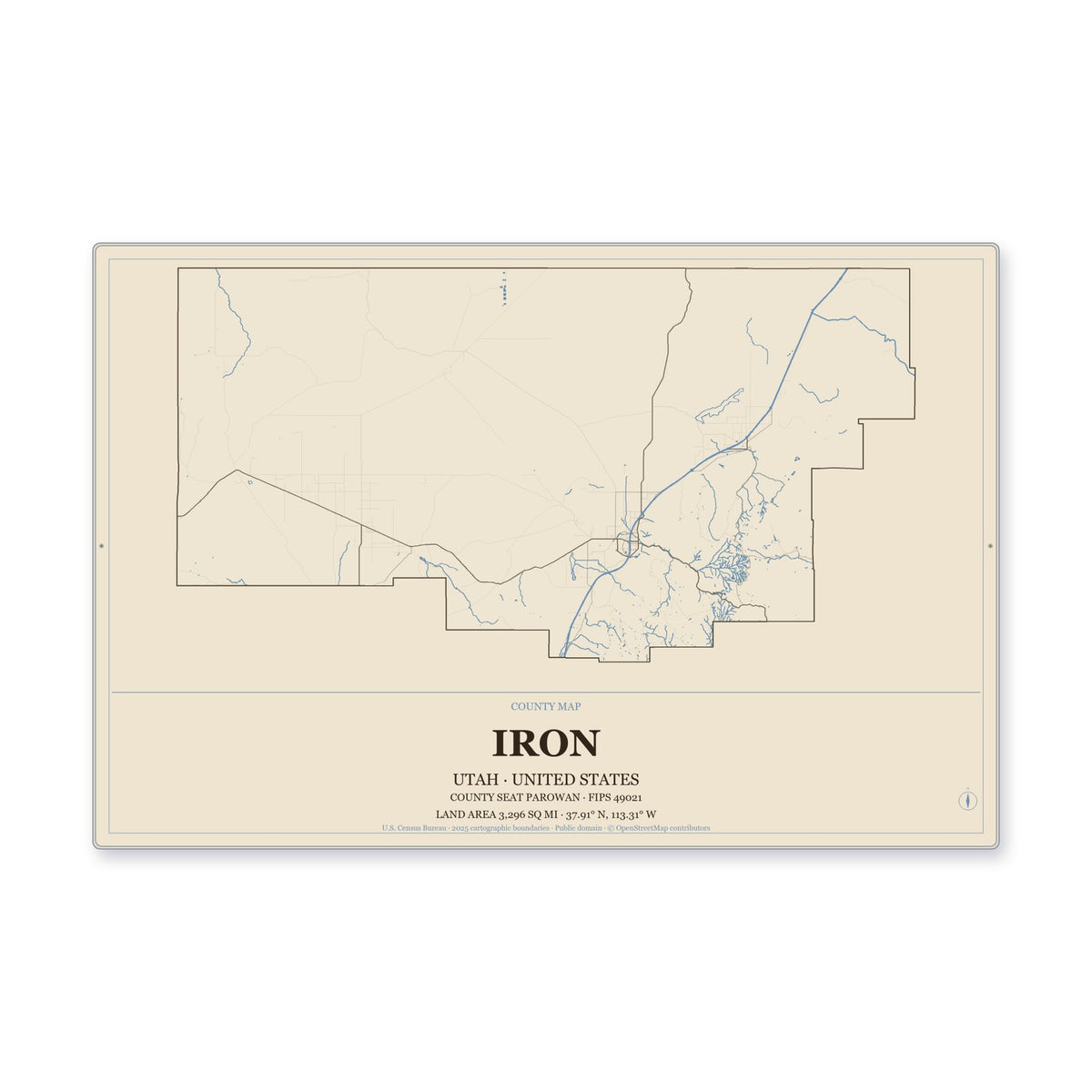Iron County, Utah Map Aluminum Sign in Heritage Nautical style