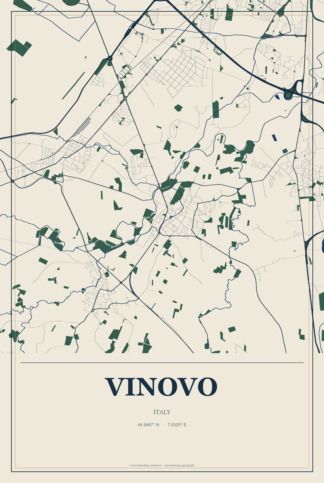Vinovo, Italy City Map Aluminum Sign in Coastal Cutout style
