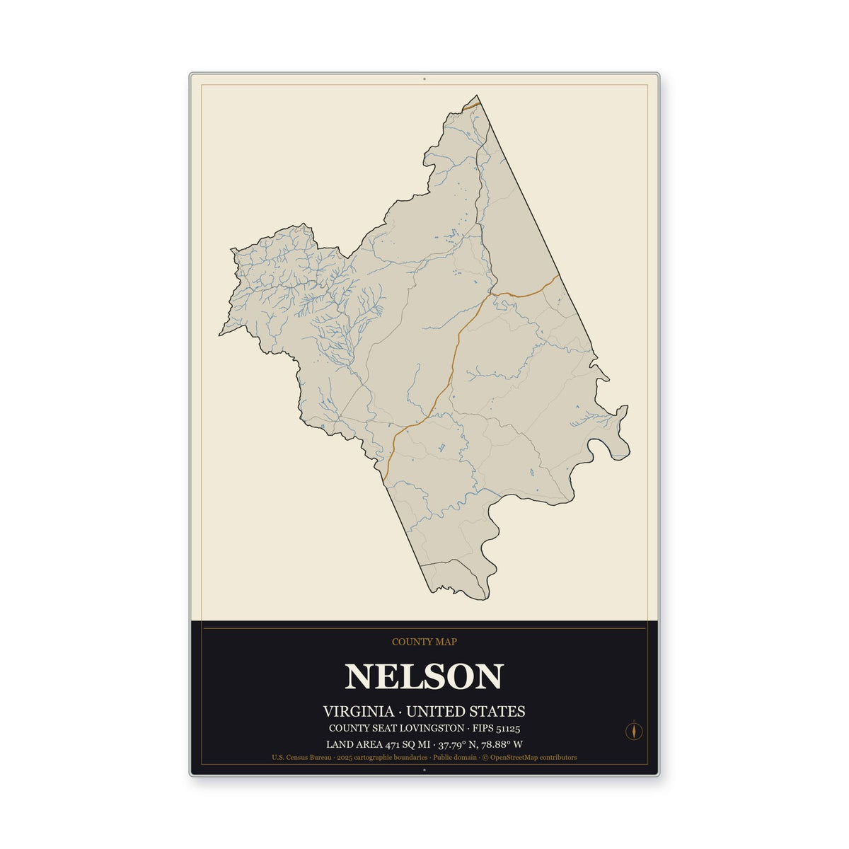 Nelson County, Virginia Map Aluminum Sign in Museum Plaque style
