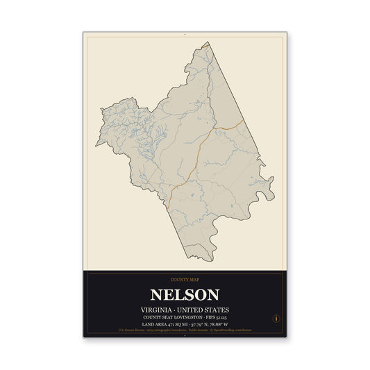 Nelson County, Virginia Map Aluminum Sign in Museum Plaque style