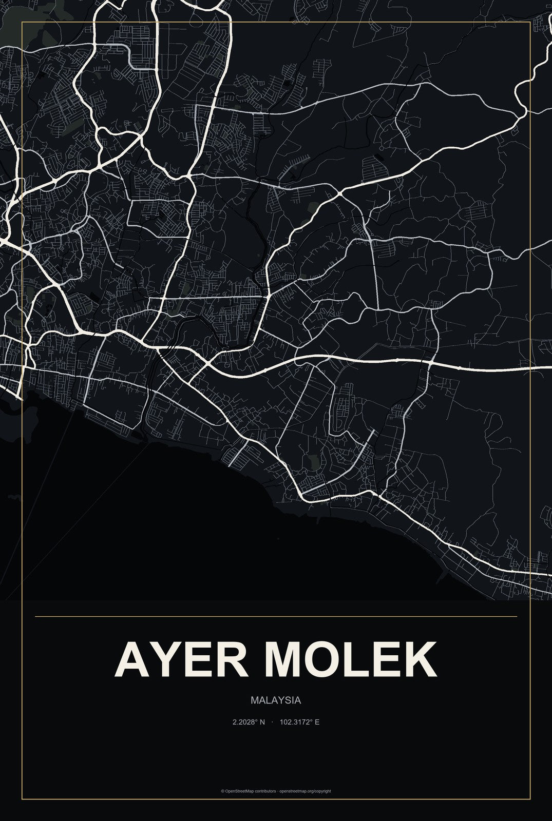 Ayer Molek, Malaysia City Map Aluminum Sign in Metropolitan Noir style