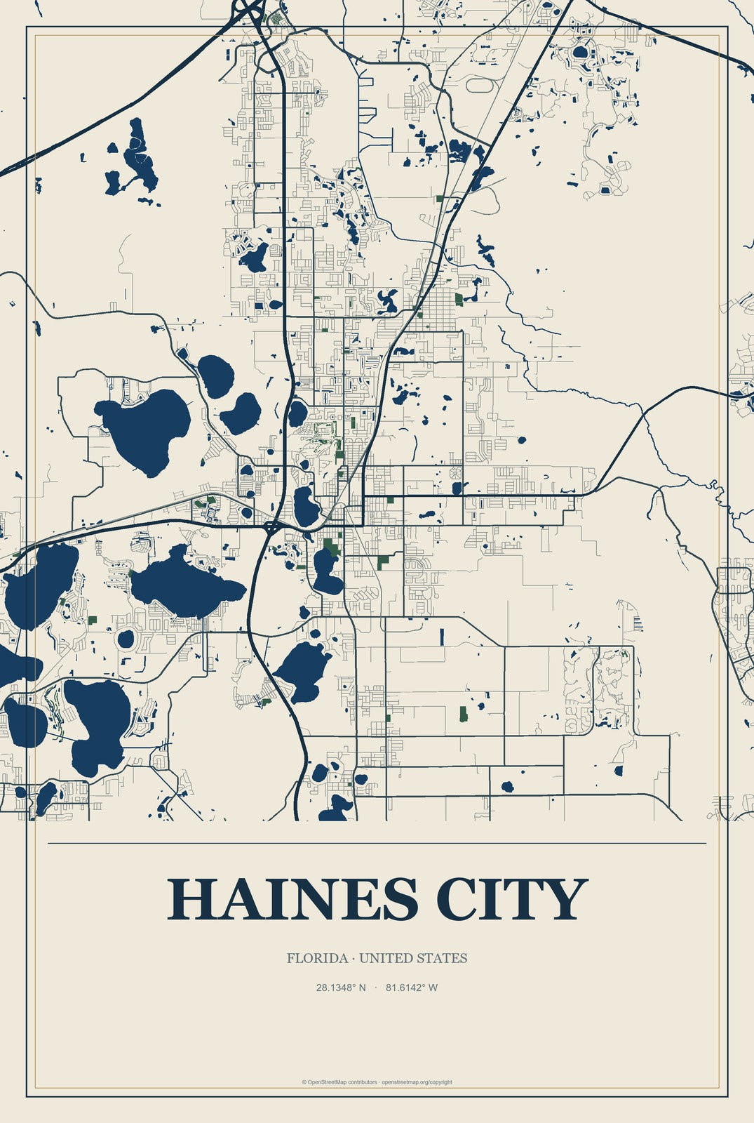 Haines City, Florida City Map Aluminum Sign in Coastal Cutout style