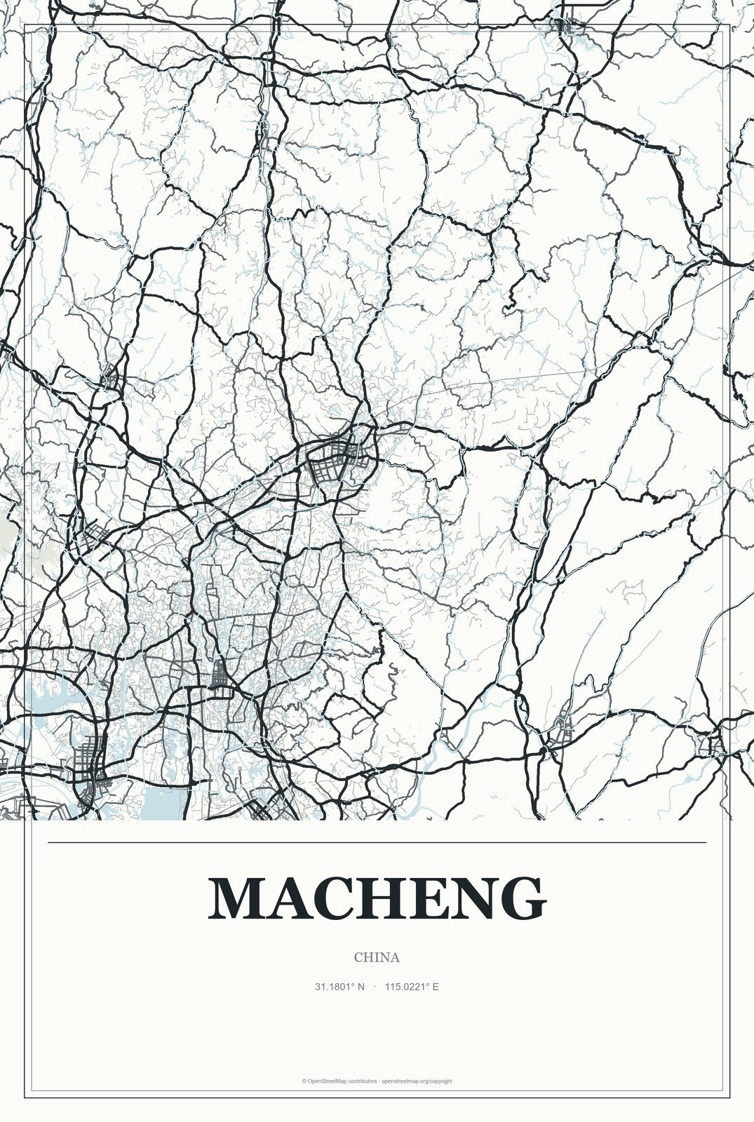 Macheng, China City Map Aluminum Sign in Gallery Air style