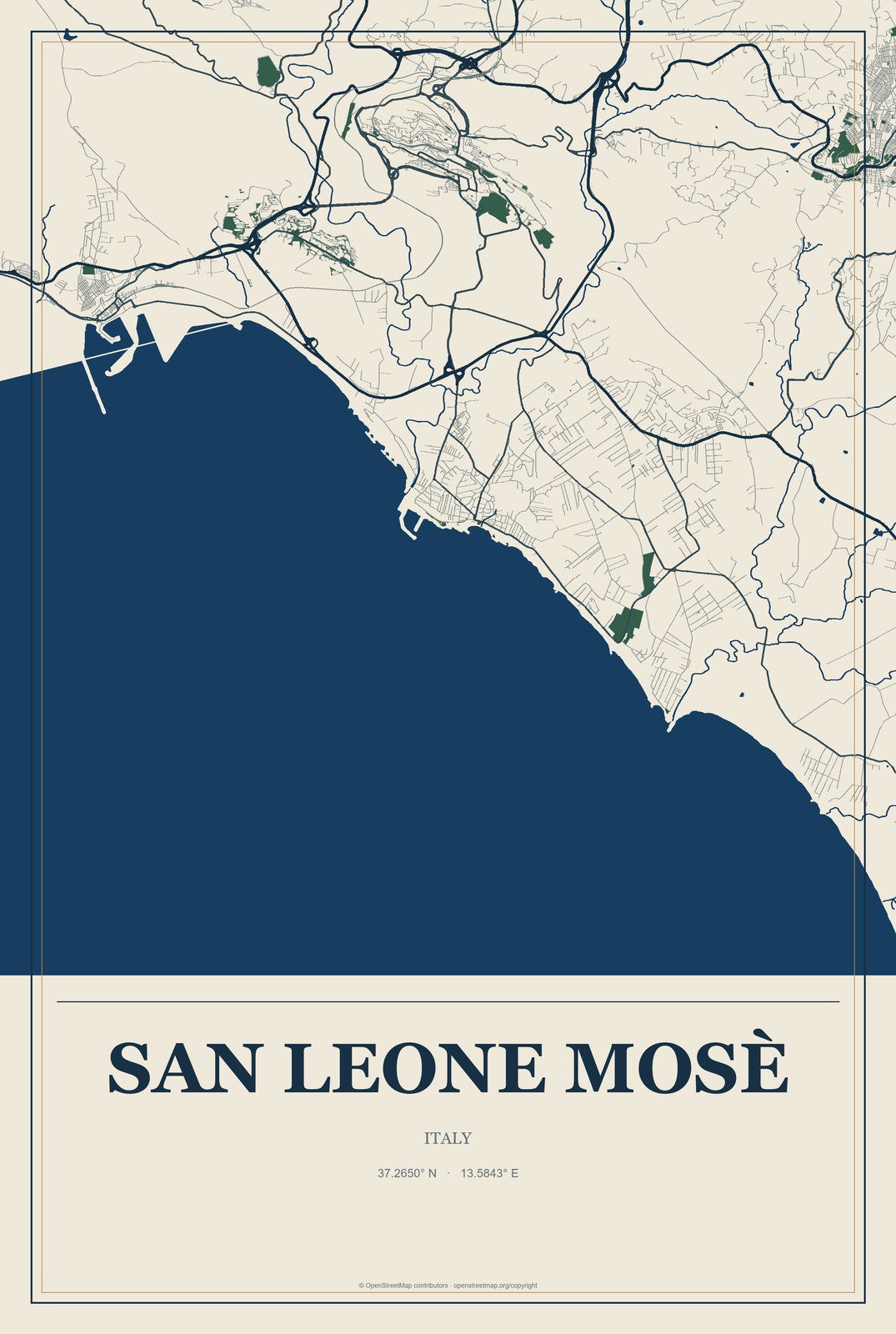 San Leone Mosè, Italy City Map Aluminum Sign in Coastal Cutout style