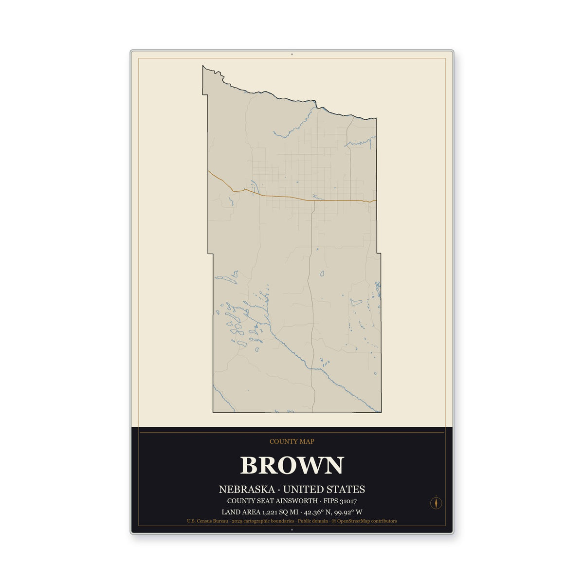 Brown County, Nebraska Map Aluminum Sign in Museum Plaque style
