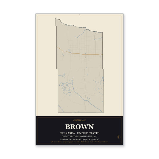 Brown County, Nebraska Map Aluminum Sign in Museum Plaque style