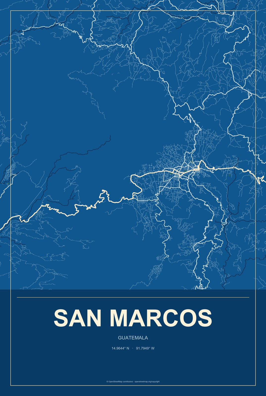 San Marcos, Guatemala City Map Aluminum Sign in Harbor Cobalt style