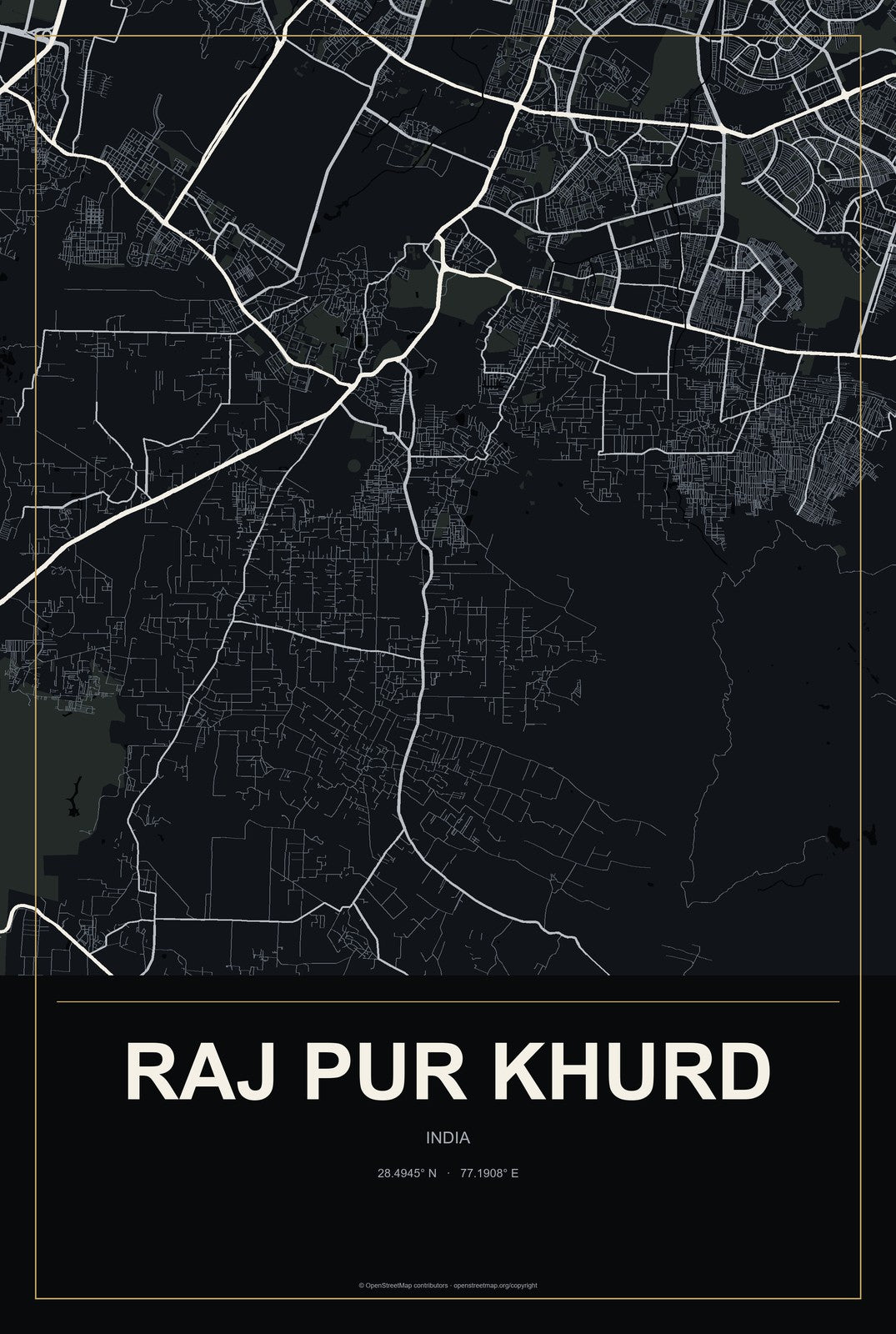Raj Pur Khurd, India City Map Aluminum Sign in Metropolitan Noir style