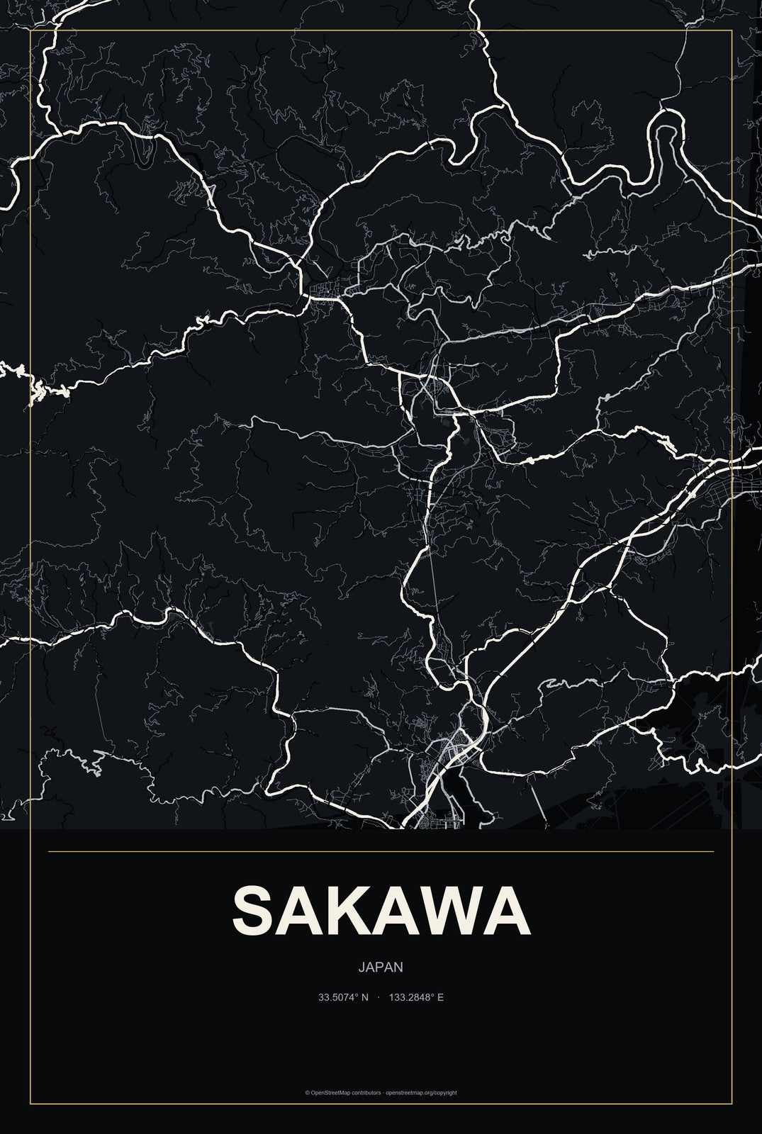 Sakawa, Japan City Map Aluminum Sign in Metropolitan Noir style