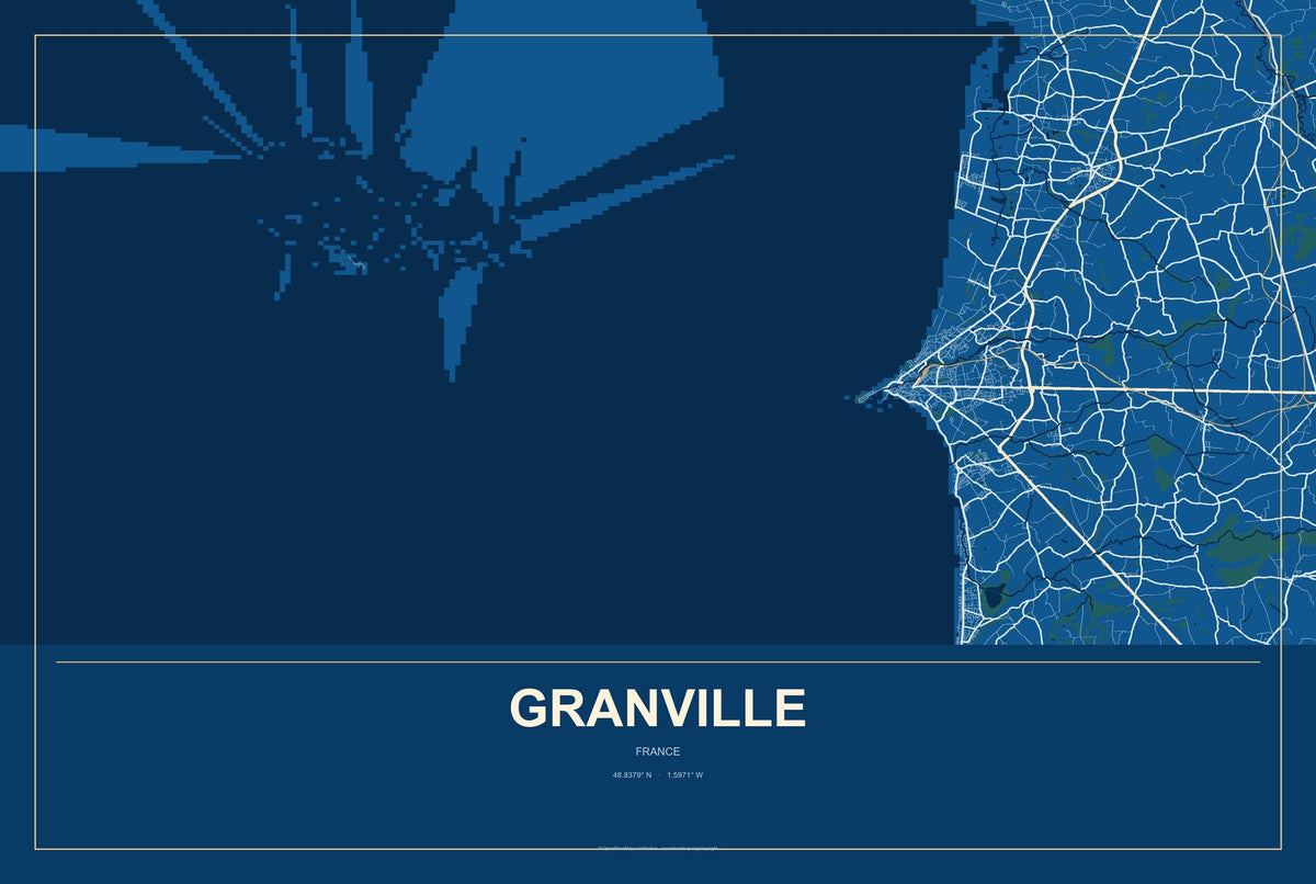 Granville, France City Map Aluminum Sign in Harbor Cobalt style