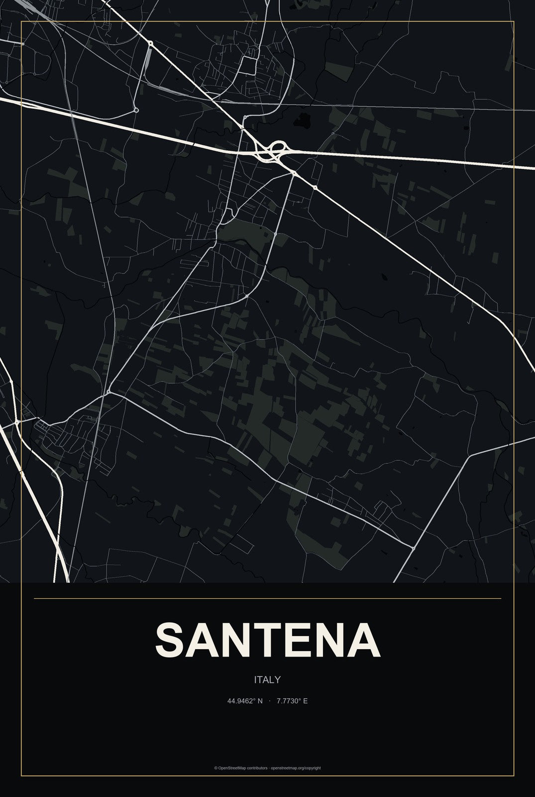 Santena, Italy City Map Aluminum Sign in Metropolitan Noir style