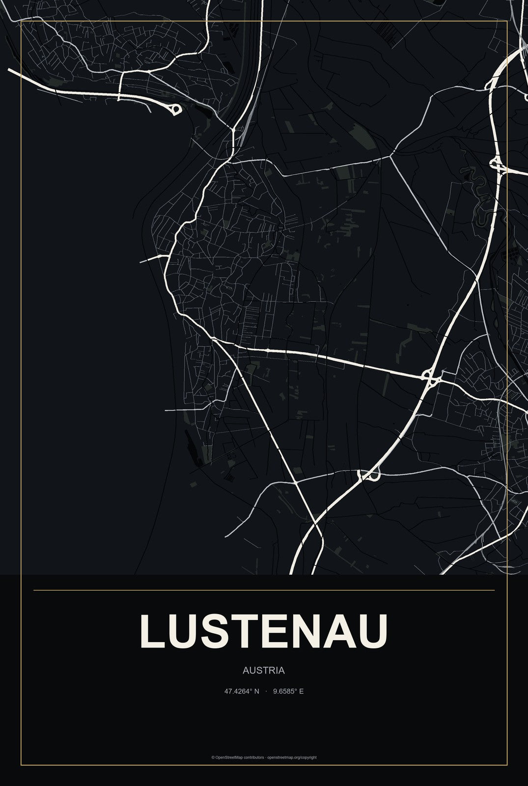 Lustenau, Austria City Map Aluminum Sign in Metropolitan Noir style