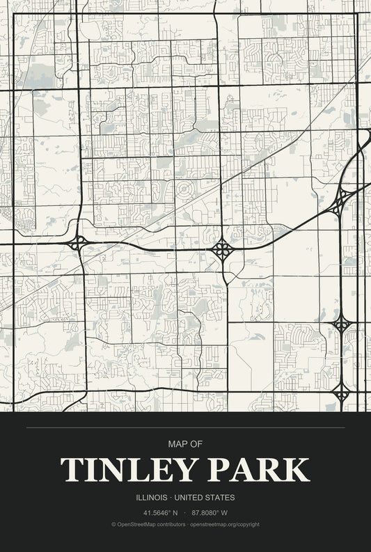 Tinley Park, Illinois City Map Aluminum Sign in Museum Plaque style