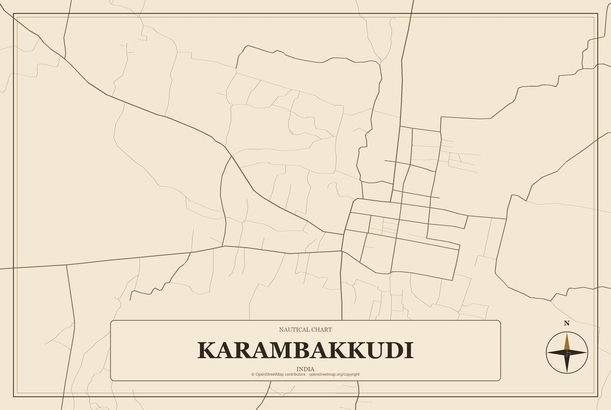Karambakkudi, India City Map Aluminum Sign in Heritage Nautical style