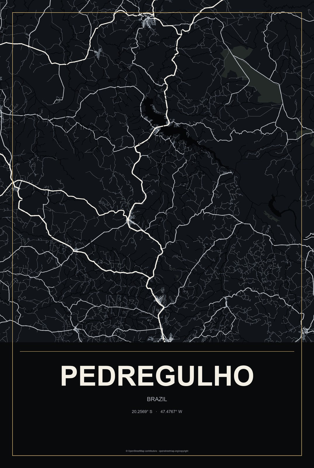 Pedregulho, Brazil City Map Aluminum Sign in Metropolitan Noir style