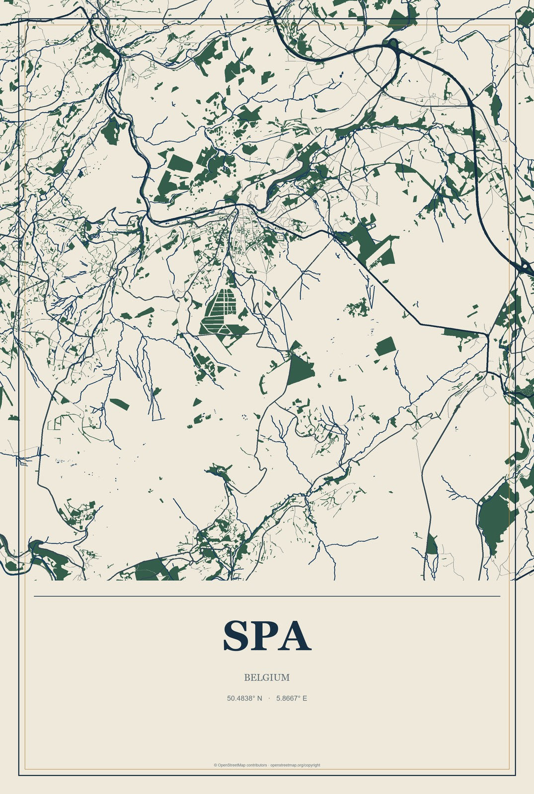 Spa, Belgium City Map Aluminum Sign in Coastal Cutout style